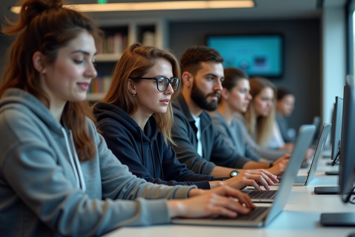 Groupe d'étudiants en laboratoire informatique universitaire