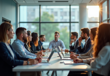 Groupe divers d'employes en formation en entreprise