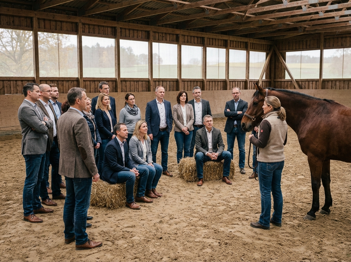Professionnels observant une démonstration avec un cheval