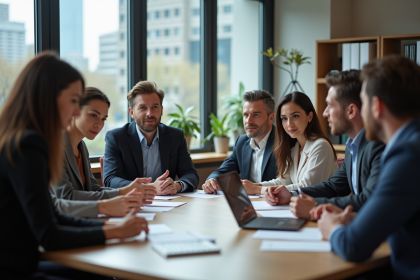 Groupe d'adultes en formation dans un bureau lumineux