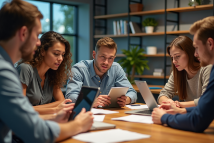 Groupe de jeunes adultes collaborant autour d'une table en classe