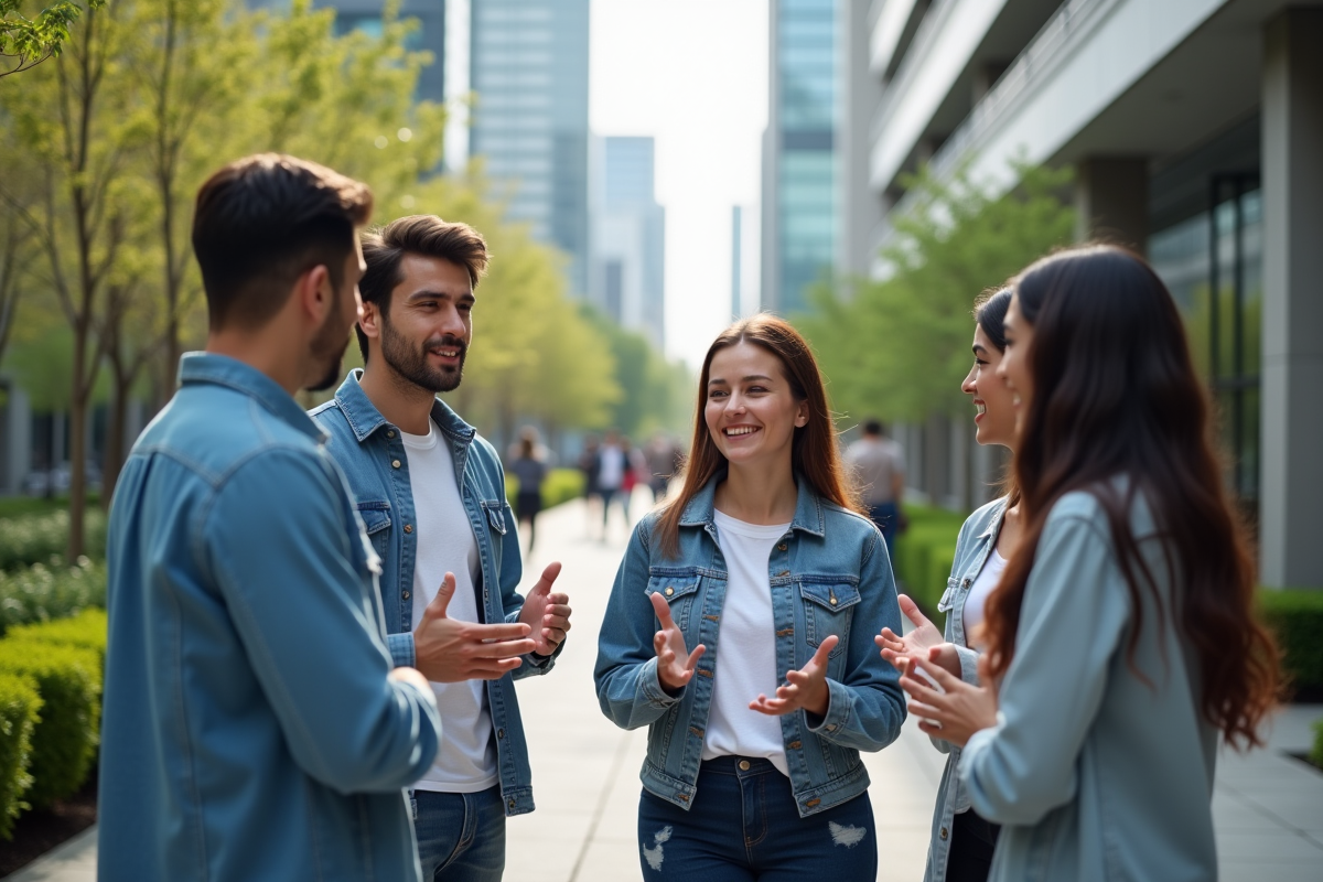 Groupe de jeunes professionnels en discussion en extérieur
