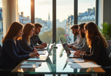 Groupe de jeunes professionnels collaborant dans un bureau parisien lumineux