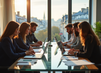 5 avantages d’une alternance en marketing digital chez Nexa à Paris Groupe de jeunes professionnels collaborant dans un bureau parisien lumineux