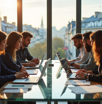 Groupe de jeunes professionnels collaborant dans un bureau parisien lumineux