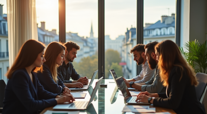Groupe de jeunes professionnels collaborant dans un bureau parisien lumineux