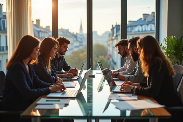 Groupe de jeunes professionnels collaborant dans un bureau parisien lumineux