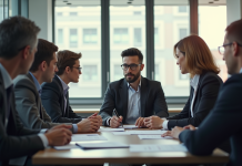 Groupe de professionnels discutant stratégie de carrière