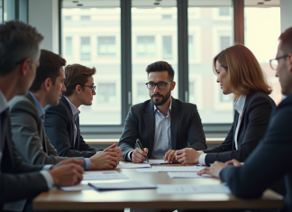 Groupe de professionnels discutant stratégie de carrière