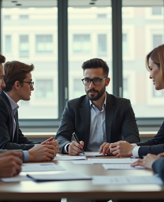 Groupe de professionnels discutant stratégie de carrière
