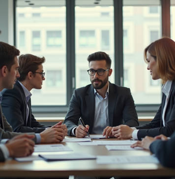 Groupe de professionnels discutant stratégie de carrière