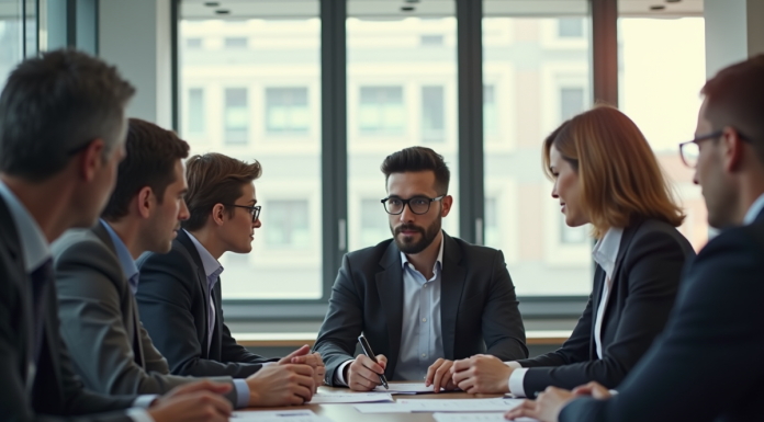 Groupe de professionnels discutant stratégie de carrière