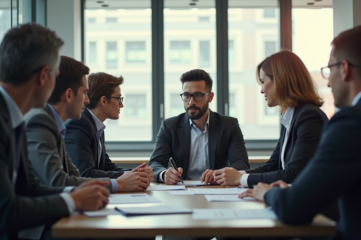 Groupe de professionnels discutant stratégie de carrière