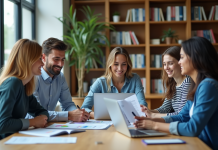 Groupe de jeunes adultes discutant de finances au bureau