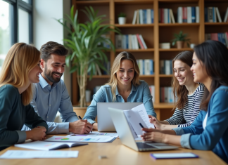Groupe de jeunes adultes discutant de finances au bureau