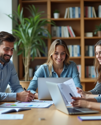 Groupe de jeunes adultes discutant de finances au bureau