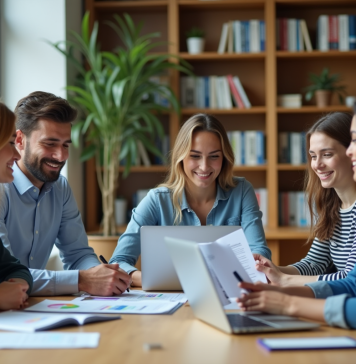 Groupe de jeunes adultes discutant de finances au bureau