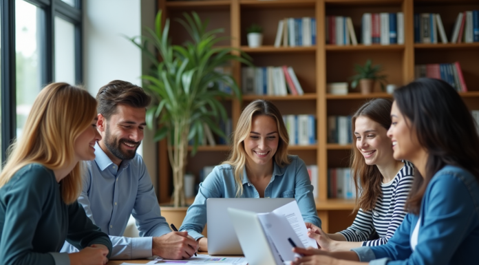 Groupe de jeunes adultes discutant de finances au bureau
