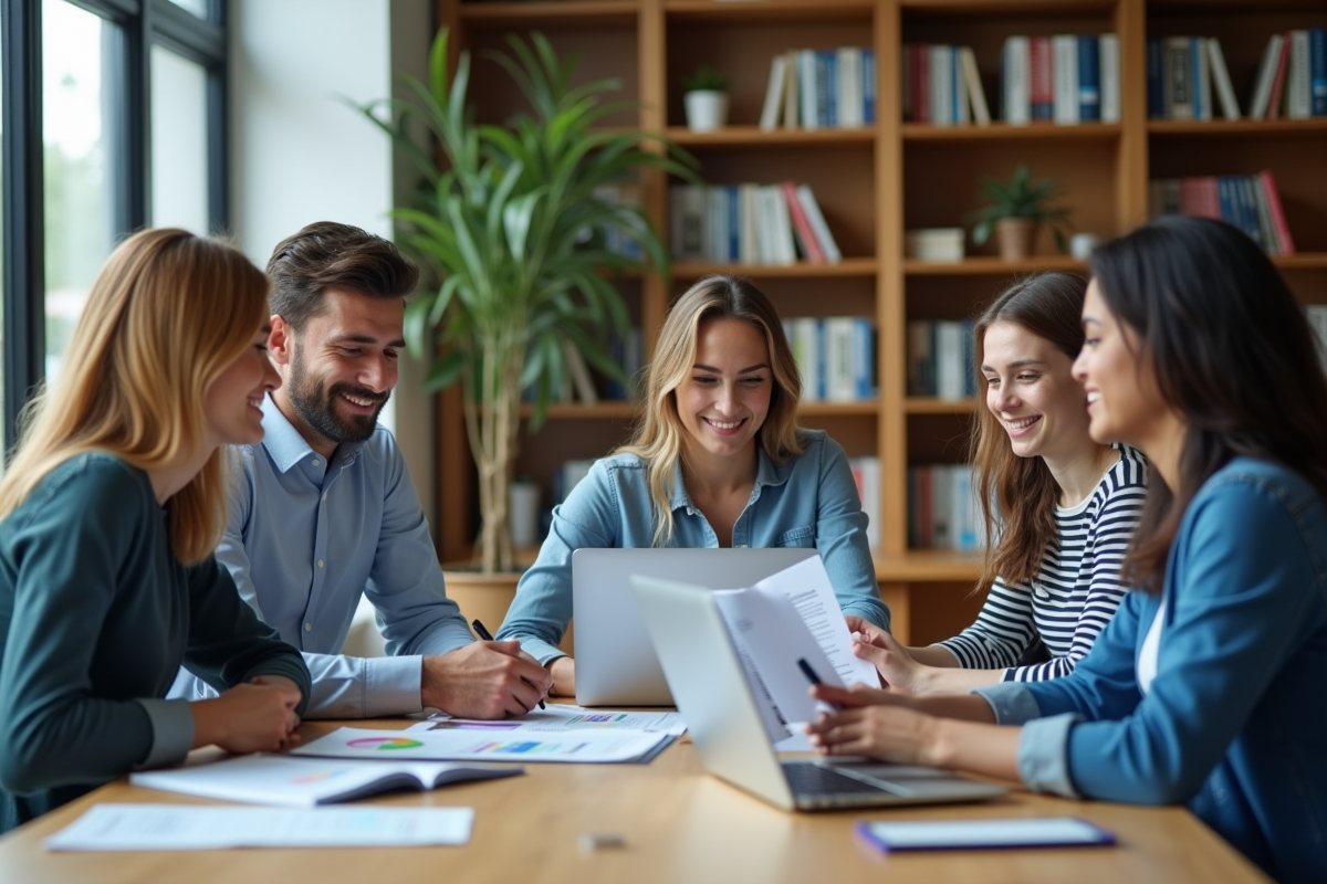 Groupe de jeunes adultes discutant de finances au bureau