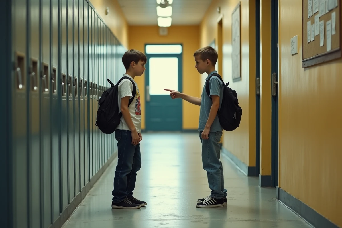 Scène de confrontation entre adolescents dans un couloir de collège, évoquant le harcèlement scolaire en milieu SEGPA