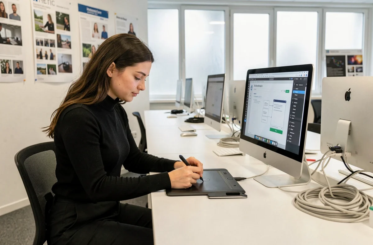 Étudiante en design numérique travaillant sur une interface UX au campus HETIC Lyon