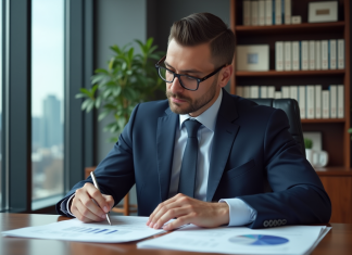 Homme d'affaires en costume analyse des documents financiers