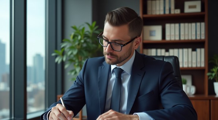 Homme d'affaires en costume analyse des documents financiers