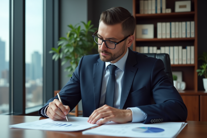 homme-affaires-analyse-financiere Homme d'affaires en costume analyse des documents financiers