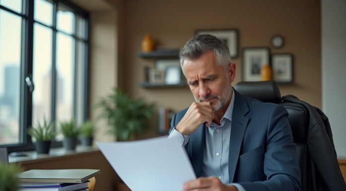 Homme d'affaires en bureau moderne regardant des documents