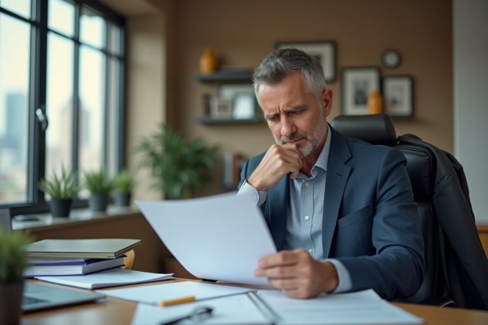 homme-affaires-bureau Homme d'affaires en bureau moderne regardant des documents