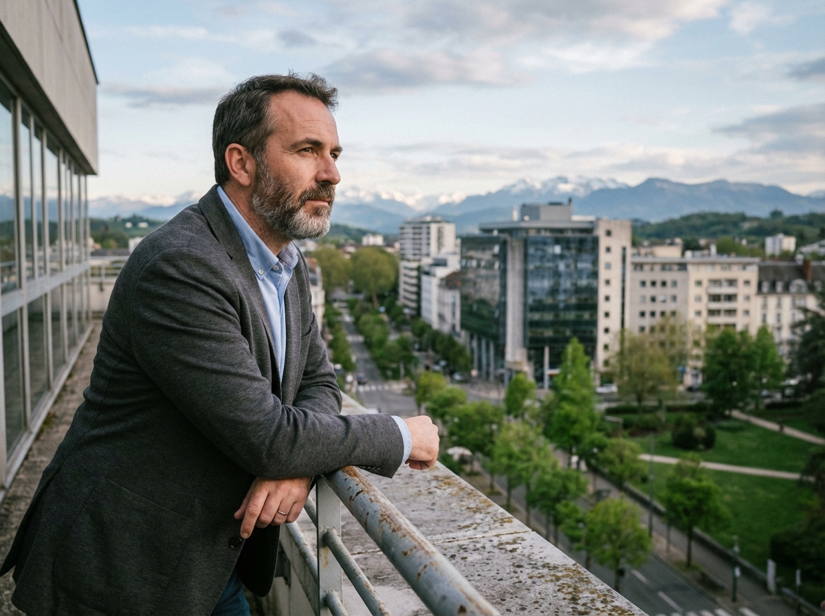 Homme pensif sur un balcon avec vue sur Pau et montagnes
