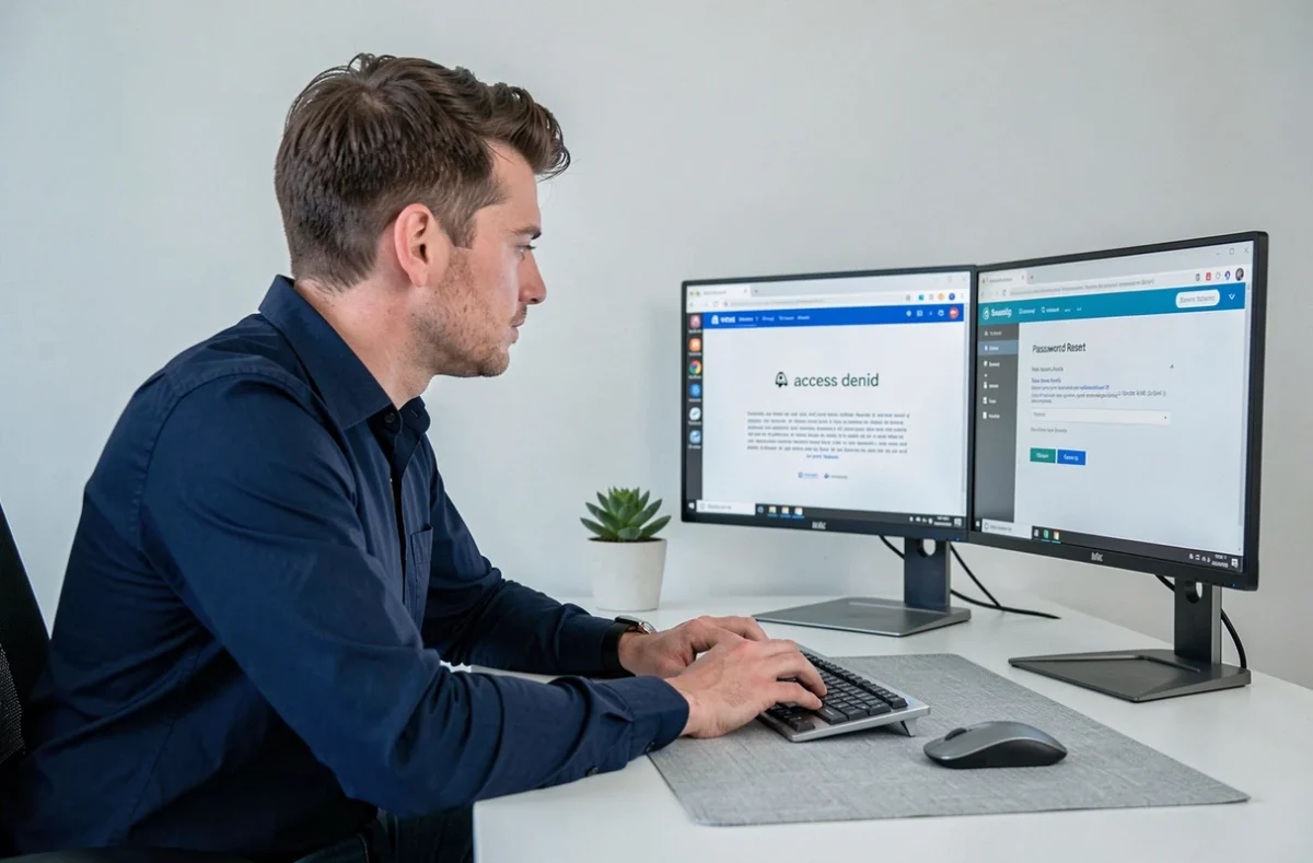 Homme au bureau à domicile tentant de réinitialiser son accès à une plateforme d'apprentissage en ligne après une panne de connexion