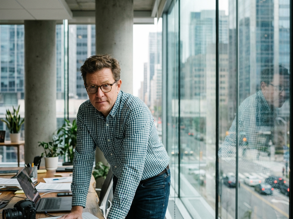Homme d'âge moyen au bureau avec vue urbaine