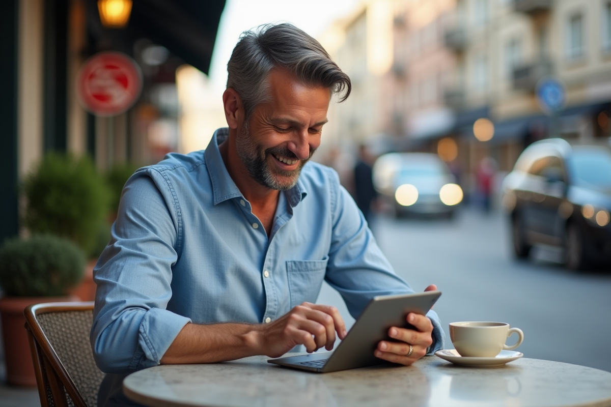Homme souriant avec tablette dans un café en ville