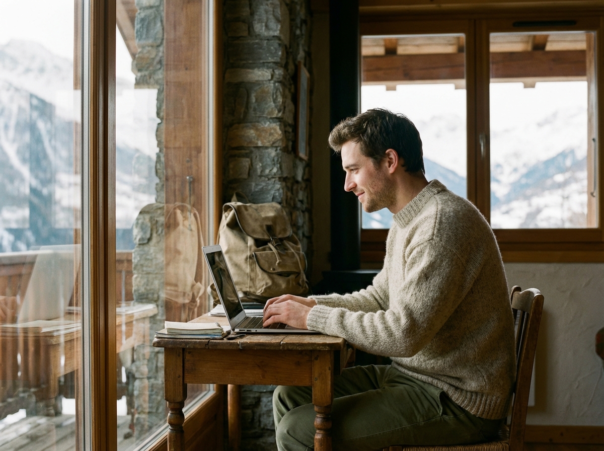 Homme au chalet alpine travaillant sur son ordinateur portable