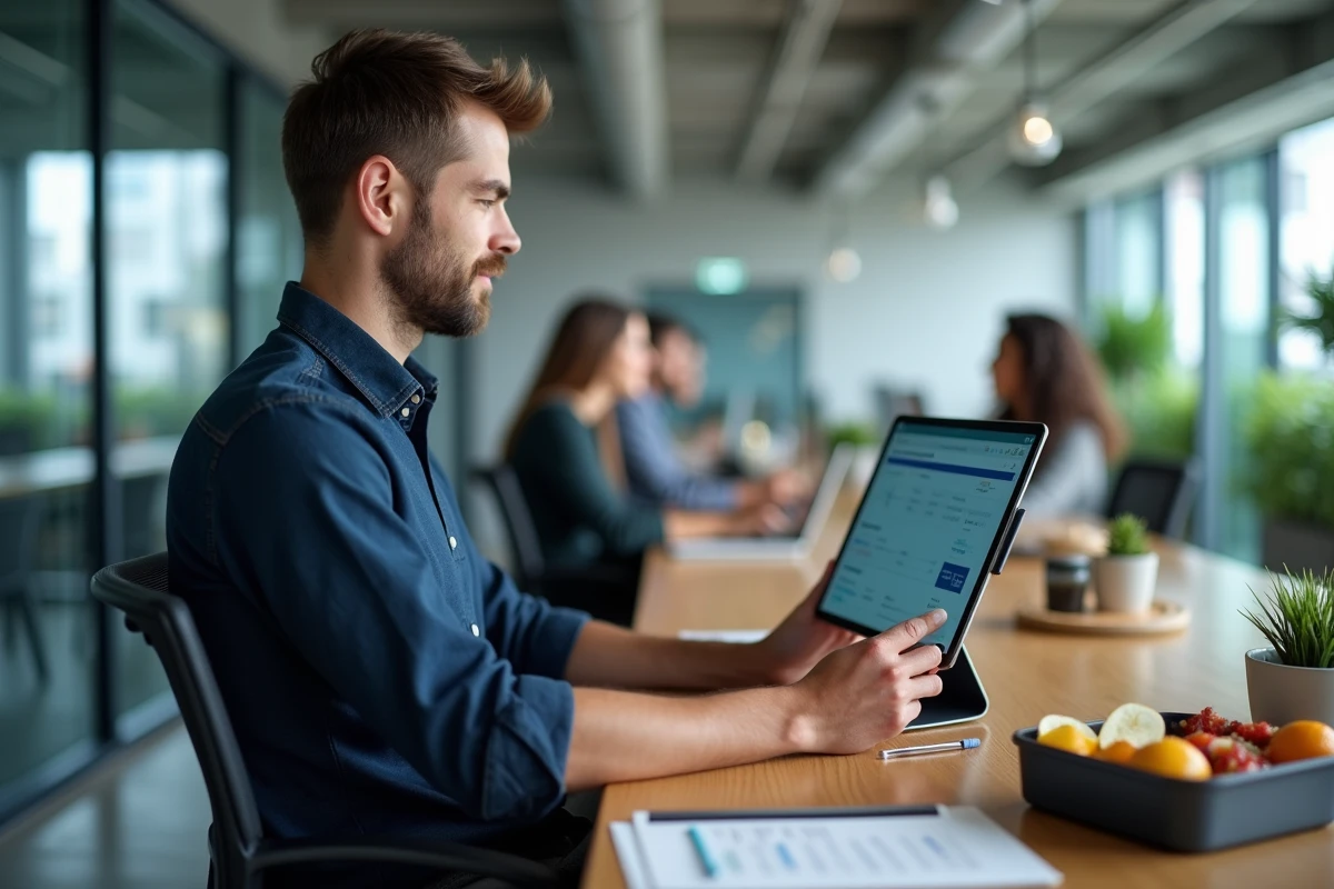 Homme en pause déjeuner au bureau suivant un cours de comptabilité en ligne sur une tablette entre deux réunions professionnelles