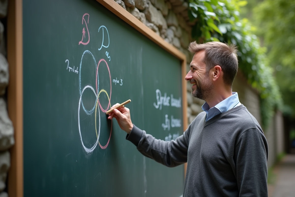 Homme expliquant les ensembles sur un tableau en extérieur