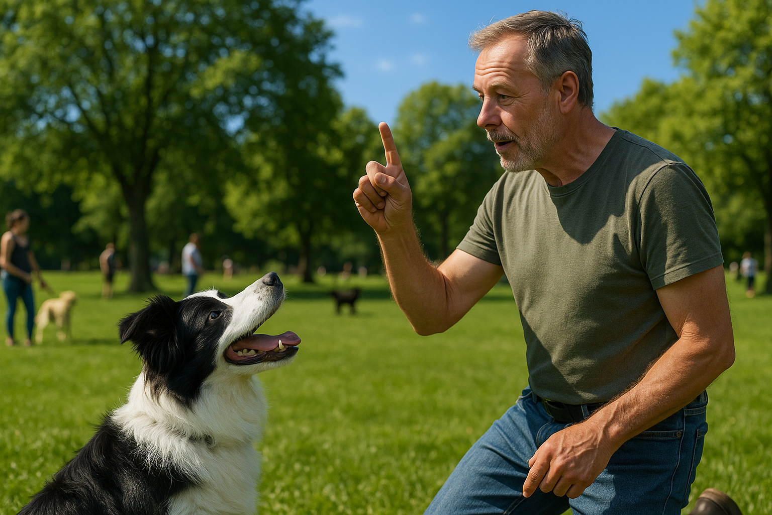 Homme entraînant un border collie dans un parc vert en plein air
