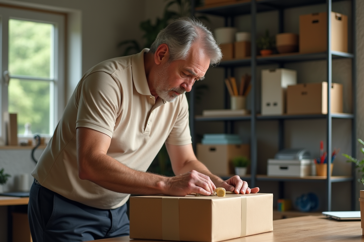 Homme scellant un colis dans un bureau à domicile