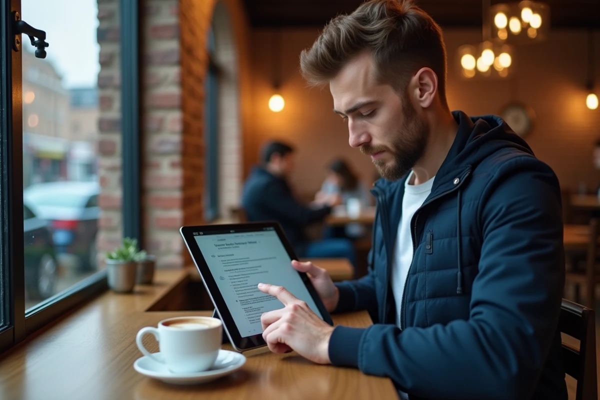 Homme candidat libre étudiant les questions du code de la route sur une tablette dans un café