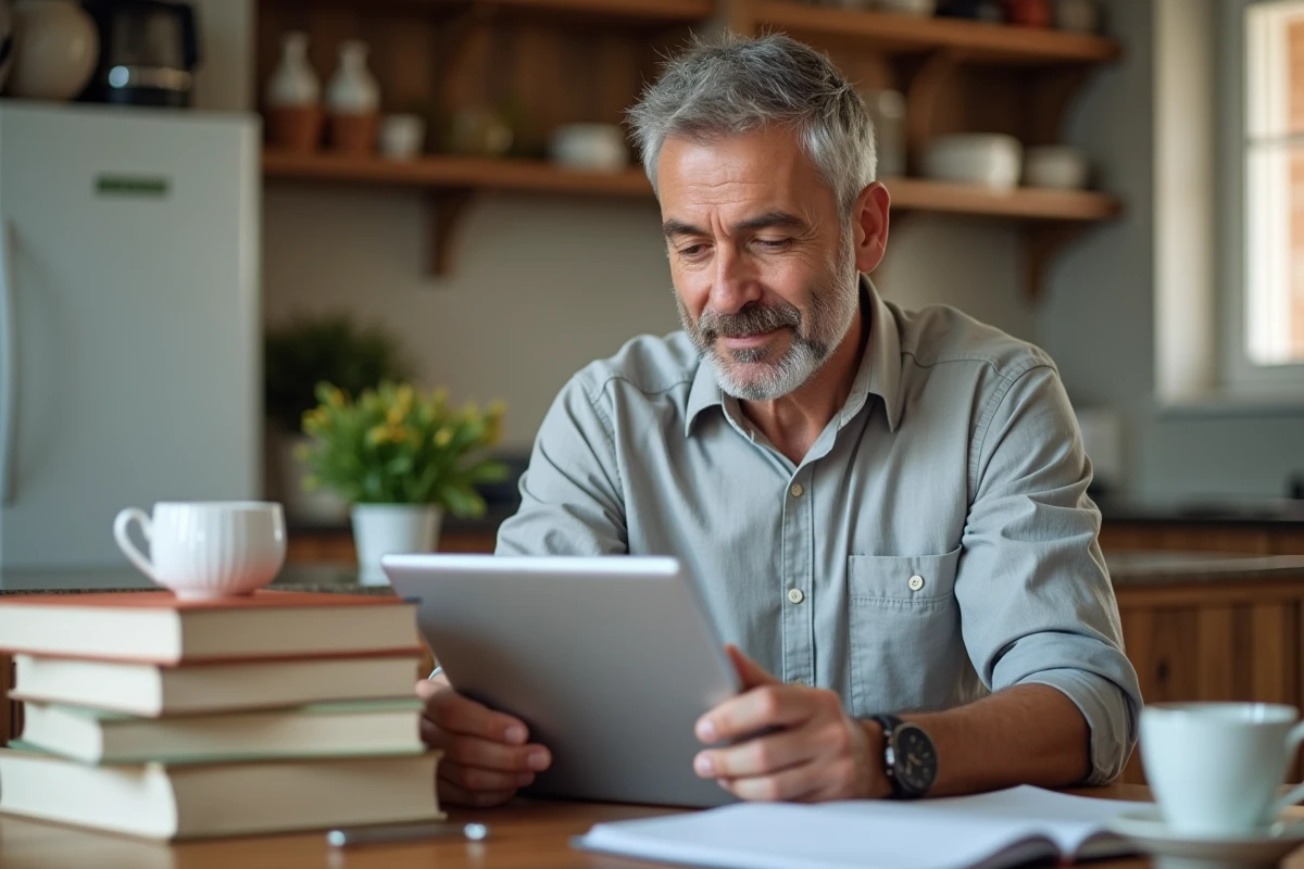 Homme adulte en reconversion suivant une formation en ligne Greta via une tablette depuis son domicile
