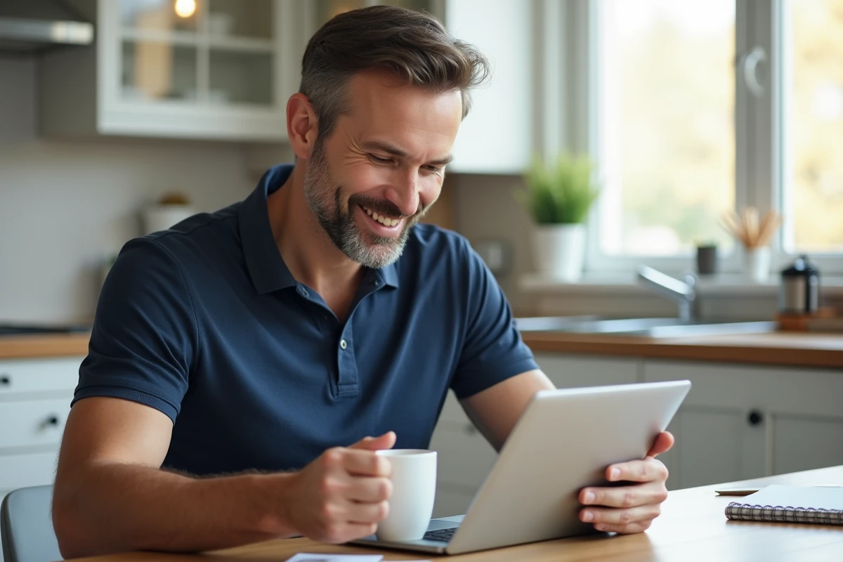 Homme en télétravail utilisant Moocfun sur tablette pour sa montée en compétences