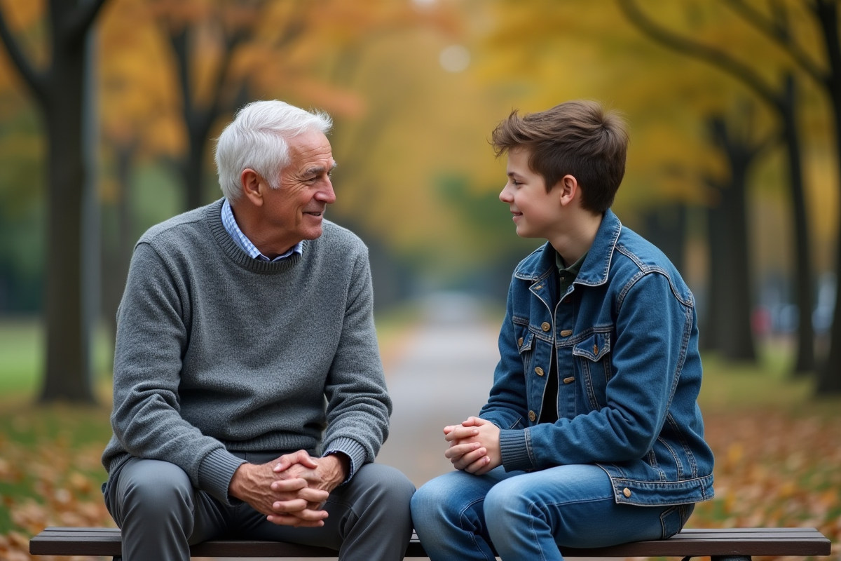 Un homme âgé et un adolescent discutant dans un parc en automne