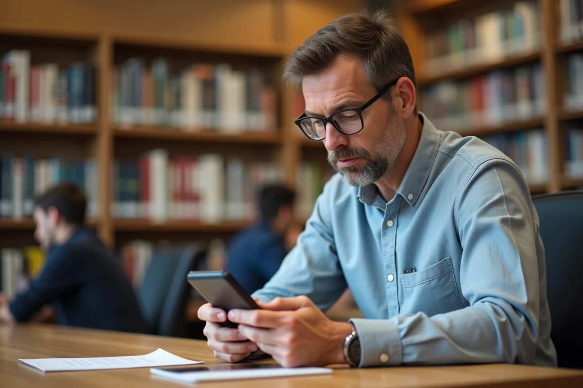 Homme vérifiant ses informations sur smartphone à la bibliothèque