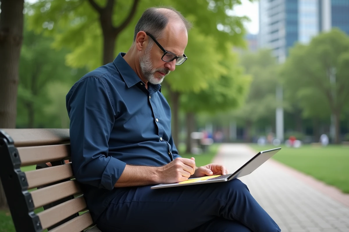 Homme d age dans un parc organise des notes