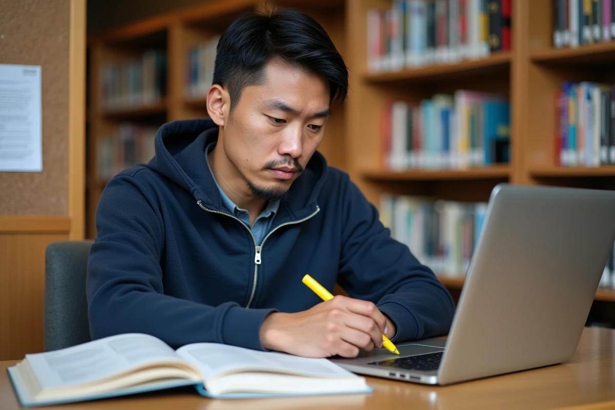 Homme préparant les 200 questions du test de naturalisation dans une bibliothèque publique française