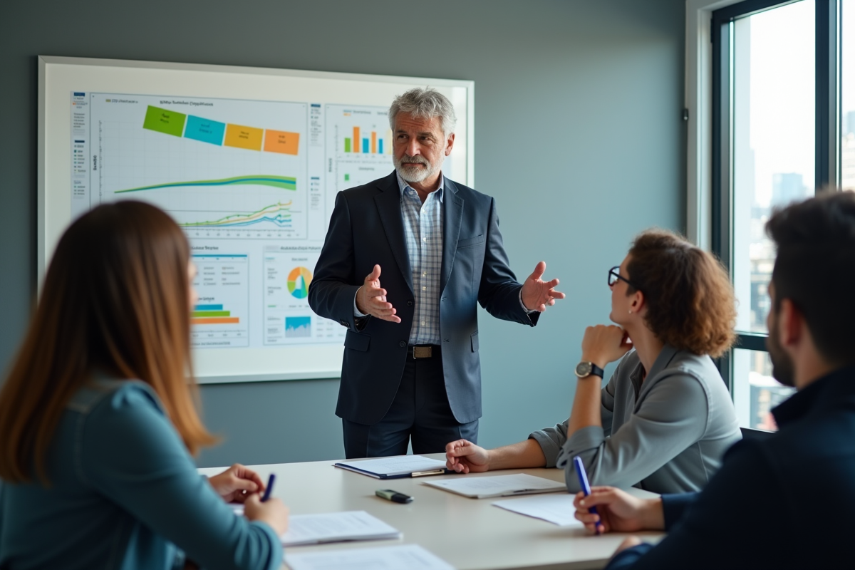 Homme en costume présentant un plan d