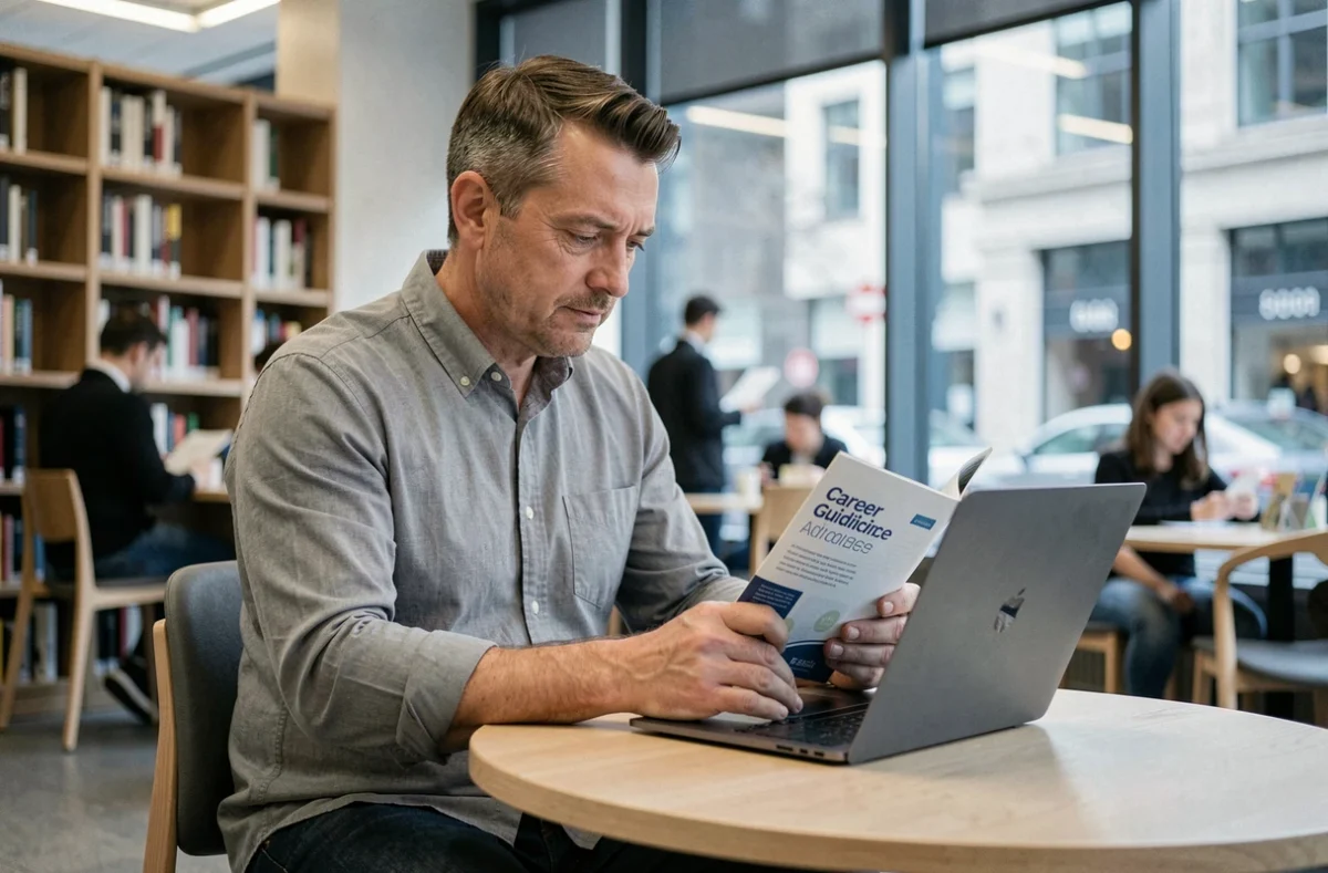 Homme en reconversion professionnelle tardive consultant un guide de formation dans une bibliothèque moderne