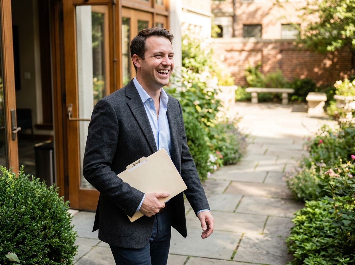 Homme souriant après un entretien avec un dossier de CV à la main