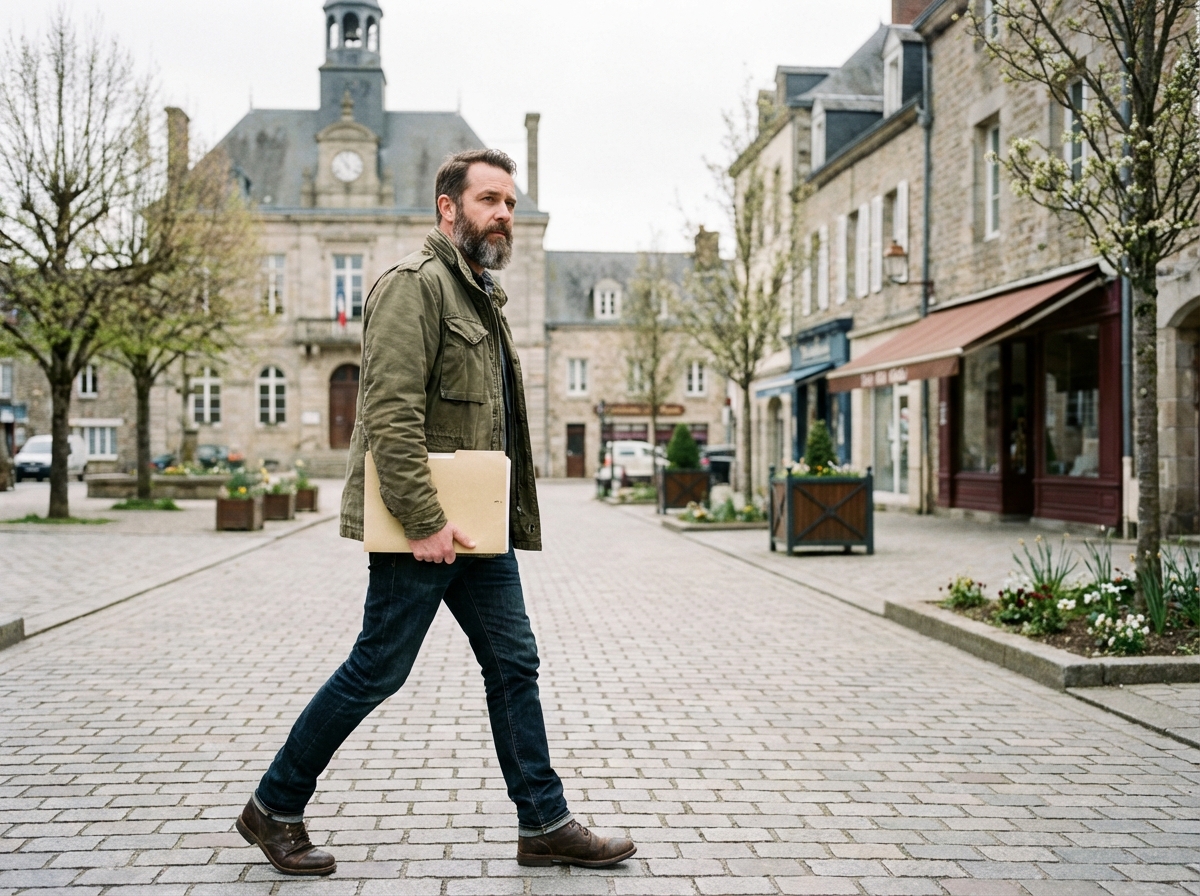 Homme marchant dans une place de ville en France